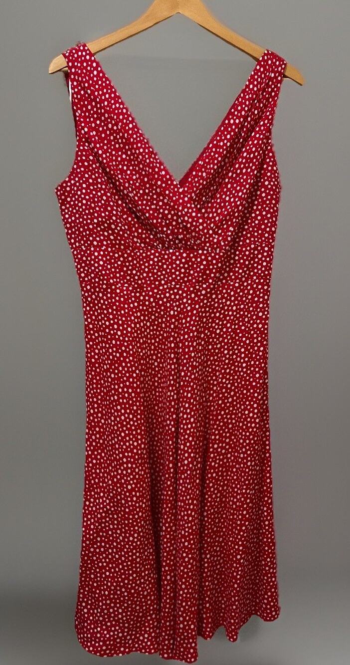 VTG Faux Wrap Dress Red Polka Dot V Neck Retro 50s Fit Flare Rockabilly PinUp 12